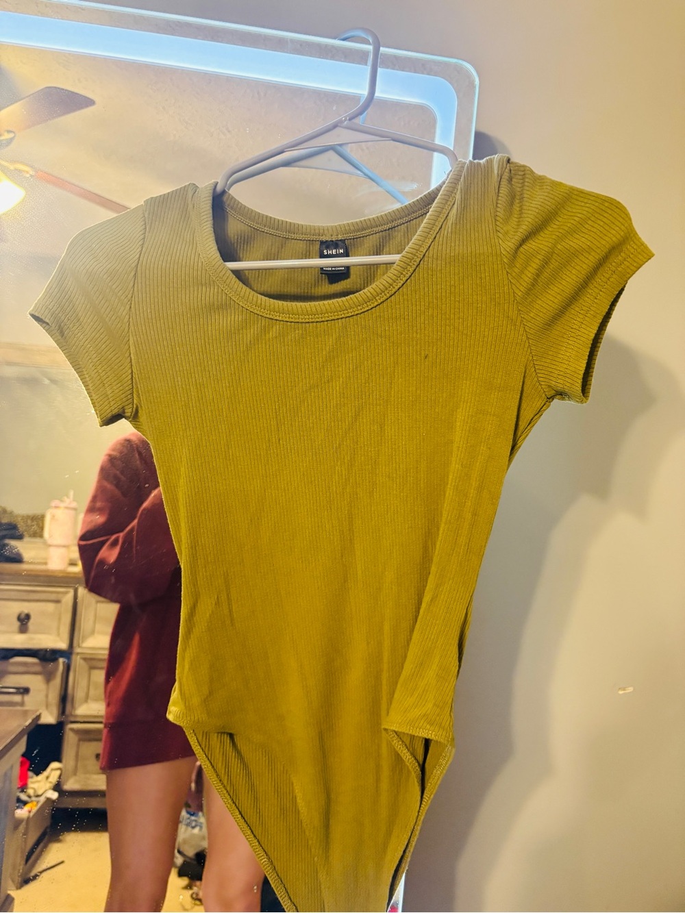 SHEIN Olive Ribbed Short Sleeve Scoop Neck Bodysuit